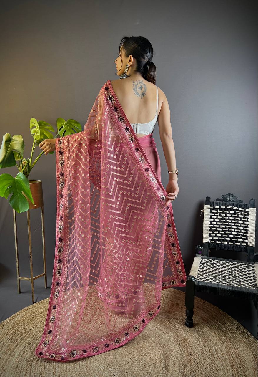 Pink Net Embellished Saree With Unstitched Blouse