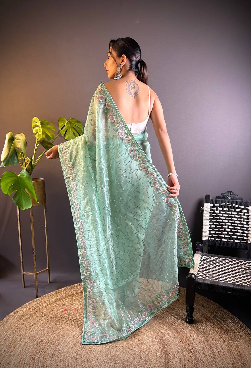 Light Green Tissue Silk Embellished Saree With Unstitched Blouse