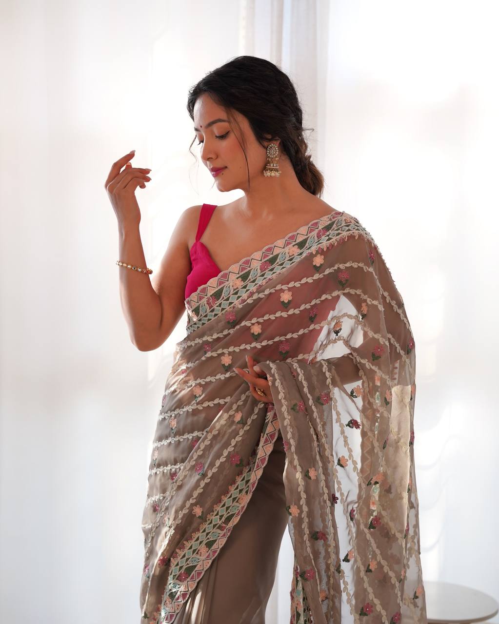 Grey Emroidery Worked Organza Silk Saree