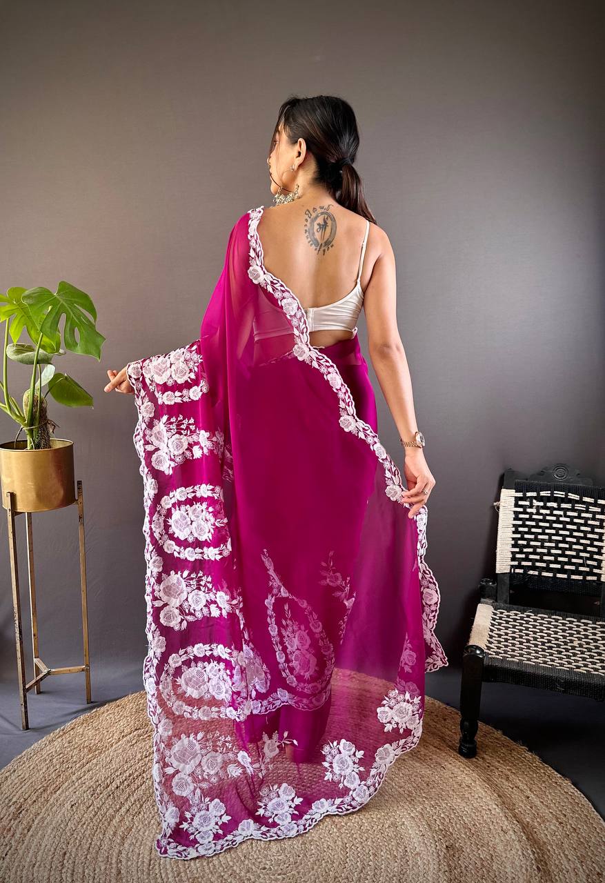 Rani Pink Organza Embroidered Light Weight Saree