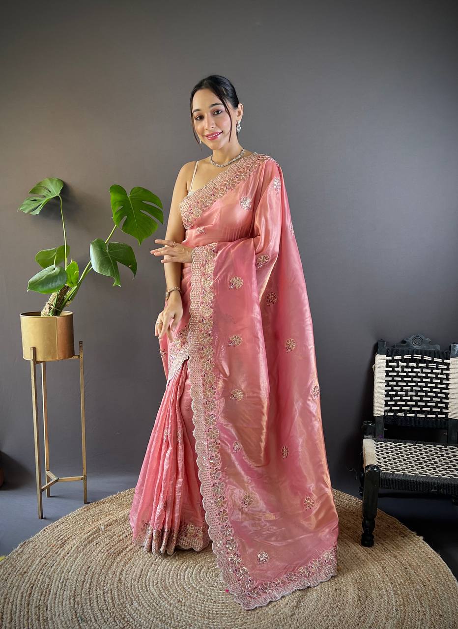 Light Pink Embroidered Work Soft Silk Saree