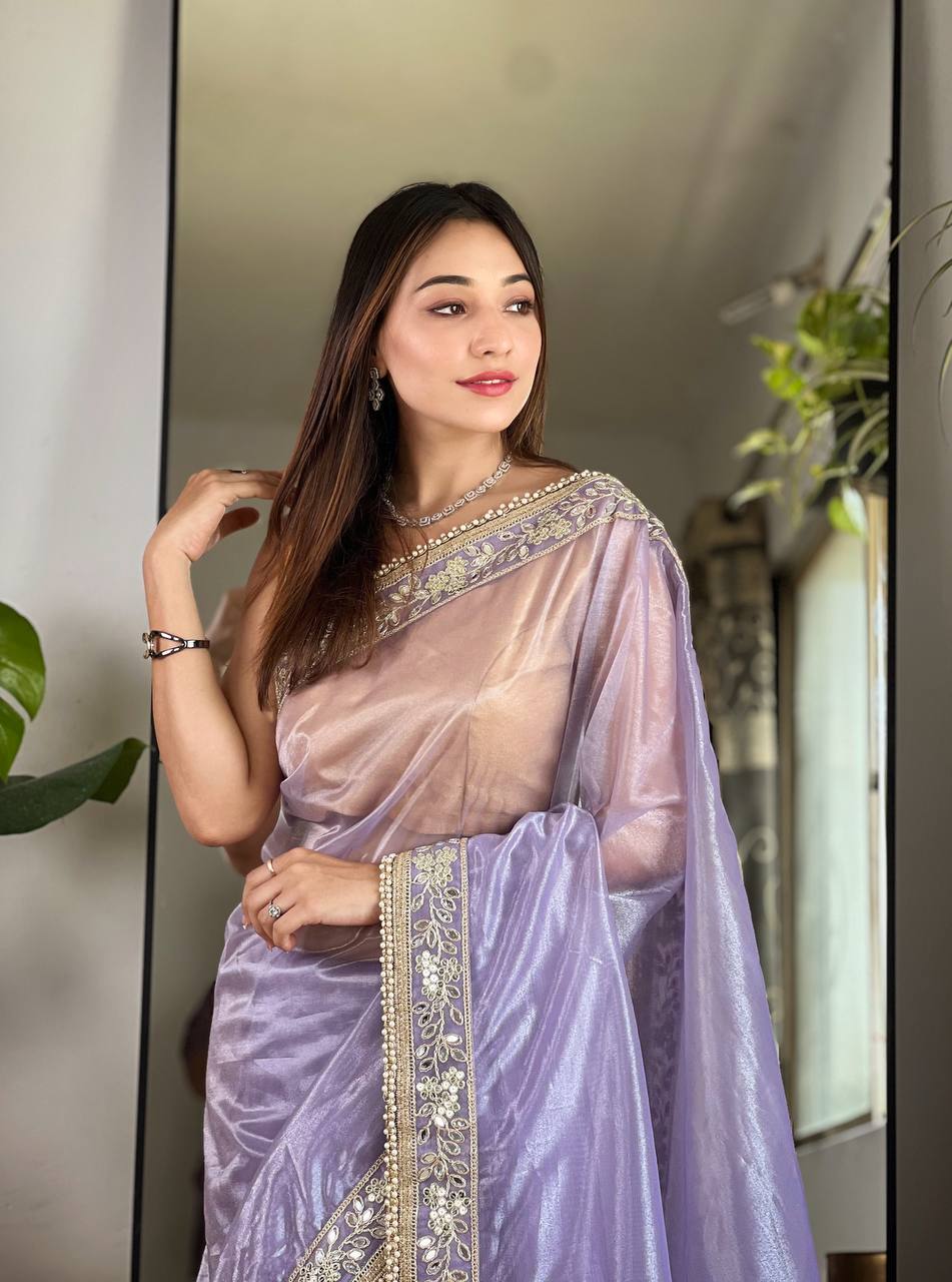 Women's Silver Tissue Silk Solid Purple Saree & Un Stich Blouse