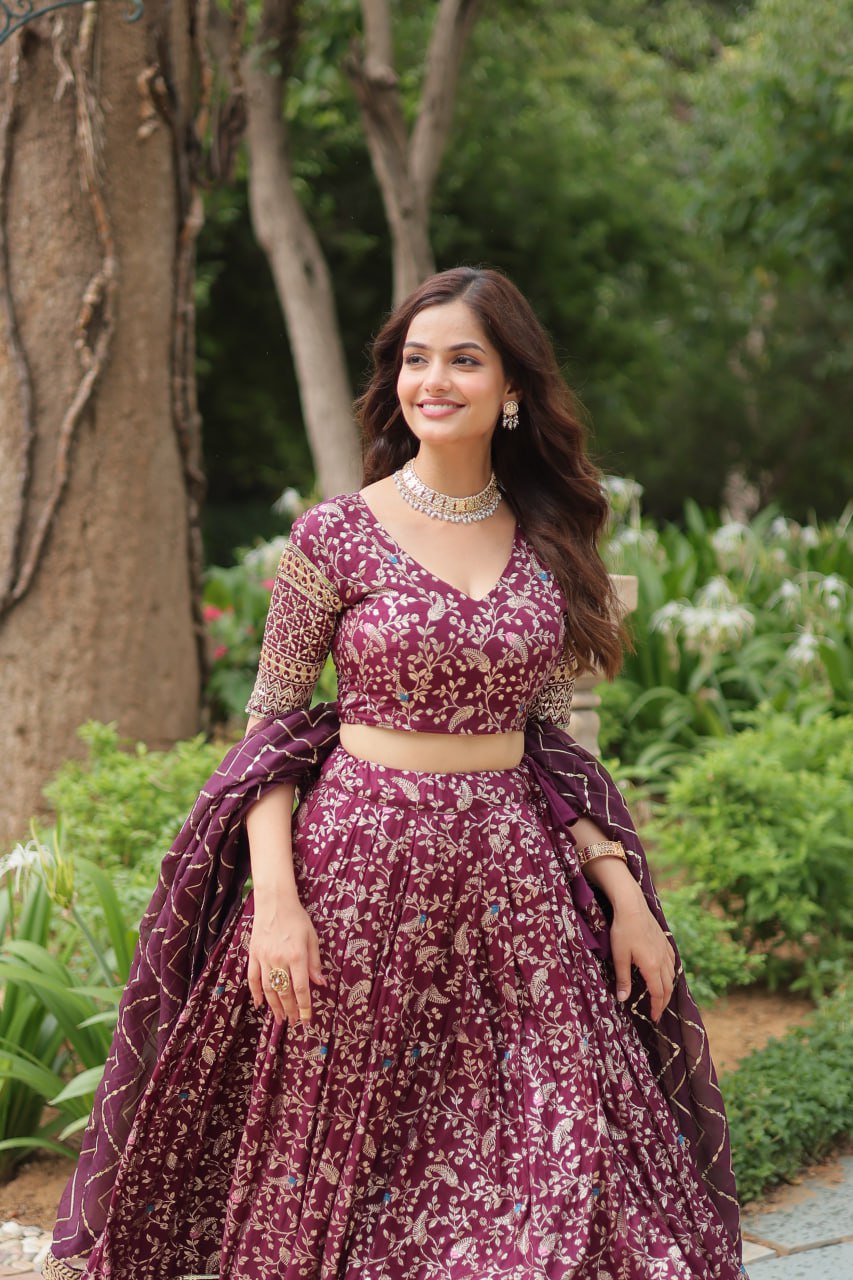 Beautiful Wine Sequins Jacquard Wedding Wear Lehenga Choli