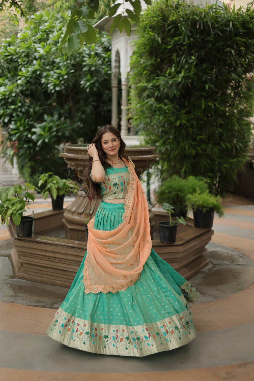 Meena Jacquard Pista Green Designer Lehenga Choli