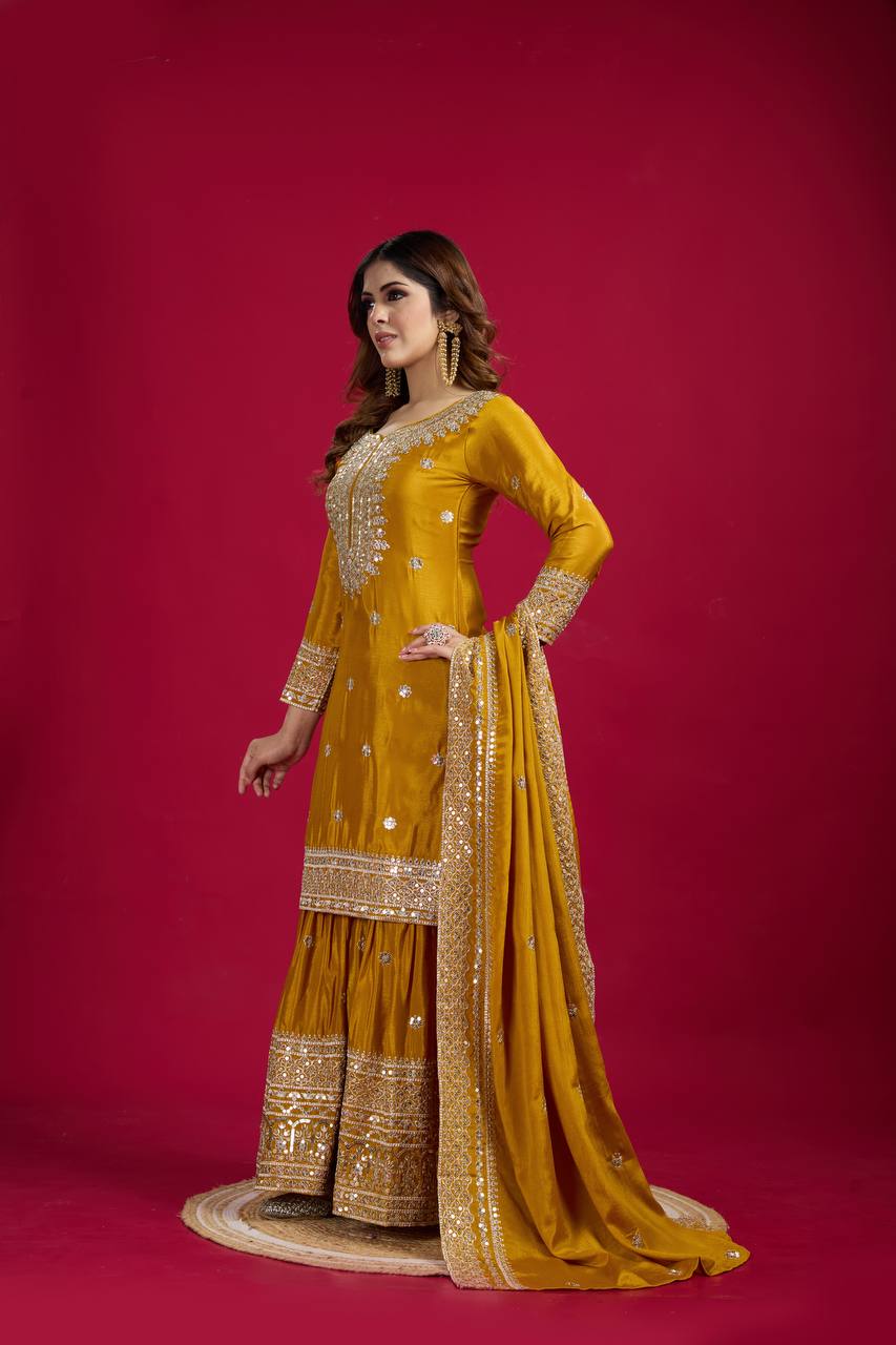 Yellow Chinnon Silk With Heavy Embroidery Sequence Work Top-Plazo And Dupatta Set