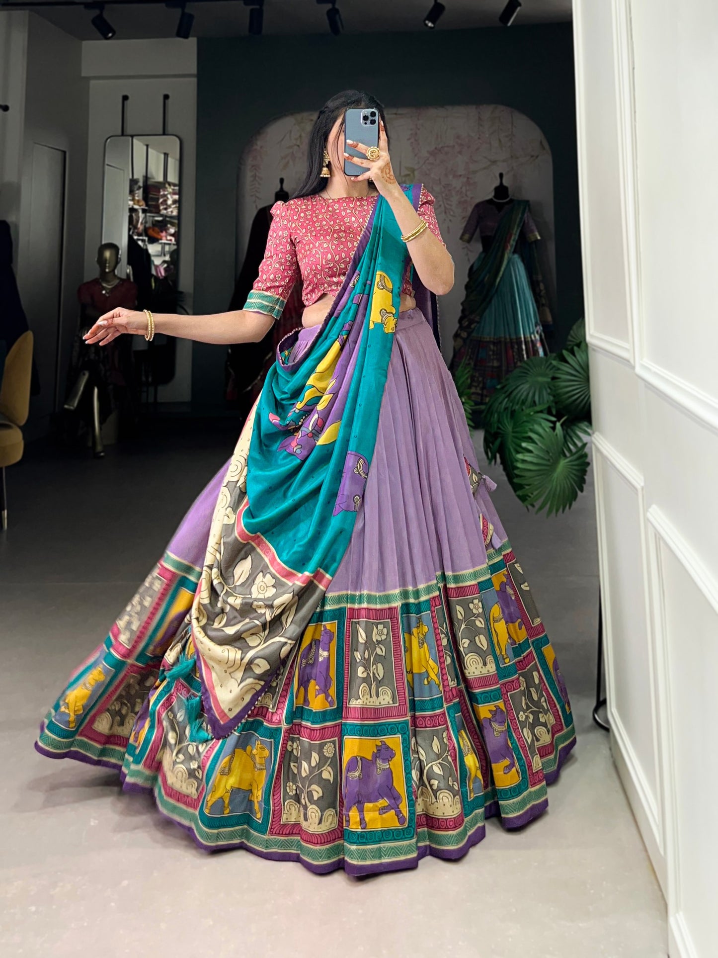 Lavender Color Tussar Silk Kalamkari Printed Lehenga Choli