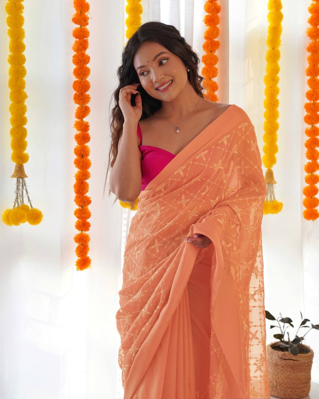 Peach Colour Embroidered Georgette Saree