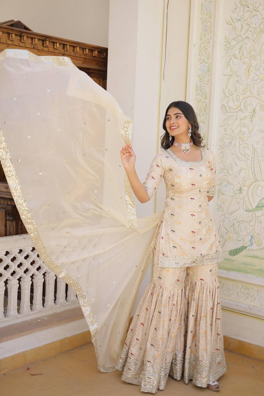 Viscose Jacquard Sequined White Kurti with Embroidered Sharara & Russian Silk Dupatta