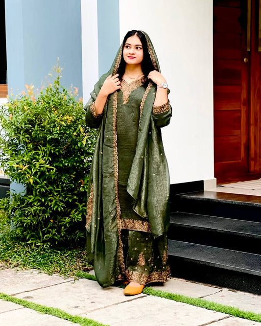 Elegant Green Heavy Crunchy Silk Sharara Suit with Embroidery Sequence Work | Fully Stitched Designer Ethnic Wear for Women