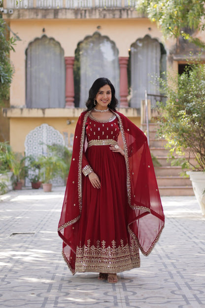 Red Faux Blooming Gown with Zari Sequins Embroidery & Dupatta | Fully Stitched Elegant Ethnic Wear for Weddings & Festive Occasions
