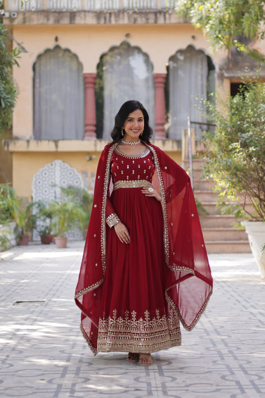 Red Faux Blooming Gown with Zari Sequins Embroidery & Dupatta | Fully Stitched Elegant Ethnic Wear for Weddings & Festive Occasions