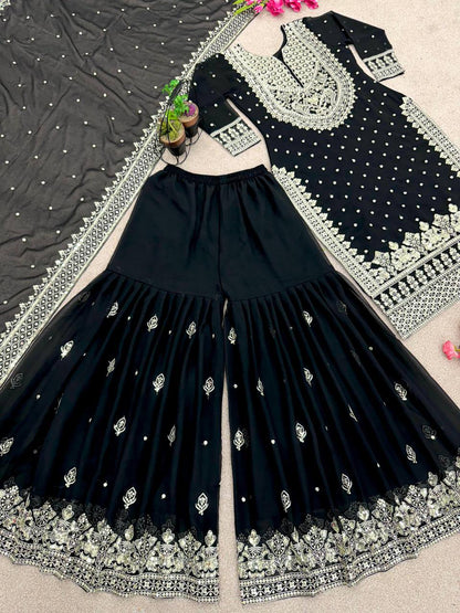 Heavy Faux Georgette Embroidered Black Gharara Set with Dupatta – Fully Stitched Ethnic Partywear for Women