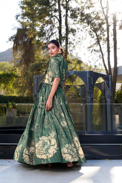Elegant Tussar Silk Floral Printed Green Lehenga Set with Blouse and Koti