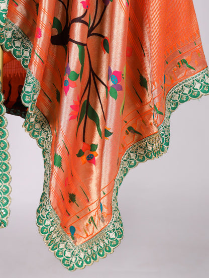 Premium Jacquard Silk Zari Weaving Orange Dupatta with Embroidery Lace Border