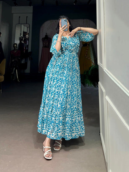 Elegant Georgette Printed Blue Frock with Full Flair and Lining