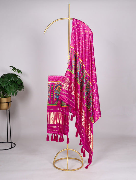 Pure Gaji Silk Digital Print Pink Dupatta with Tassels