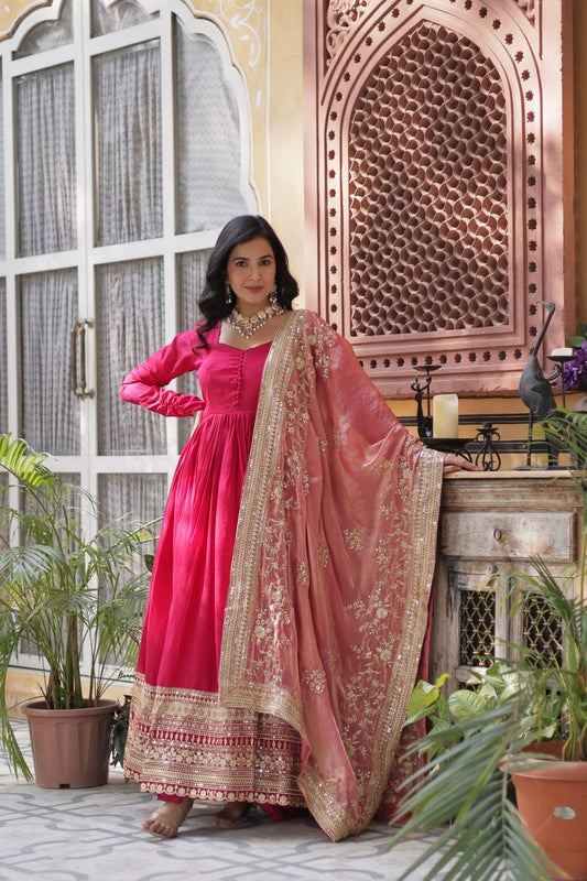 Elegant Shimmer Vichitra Silk Pink Gown with Sequins Embroidery and Fendi Dupatta Set