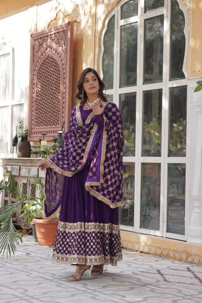 Faux Blooming Purple Gown with Zari Sequins Embroidery and Designer Dupatta