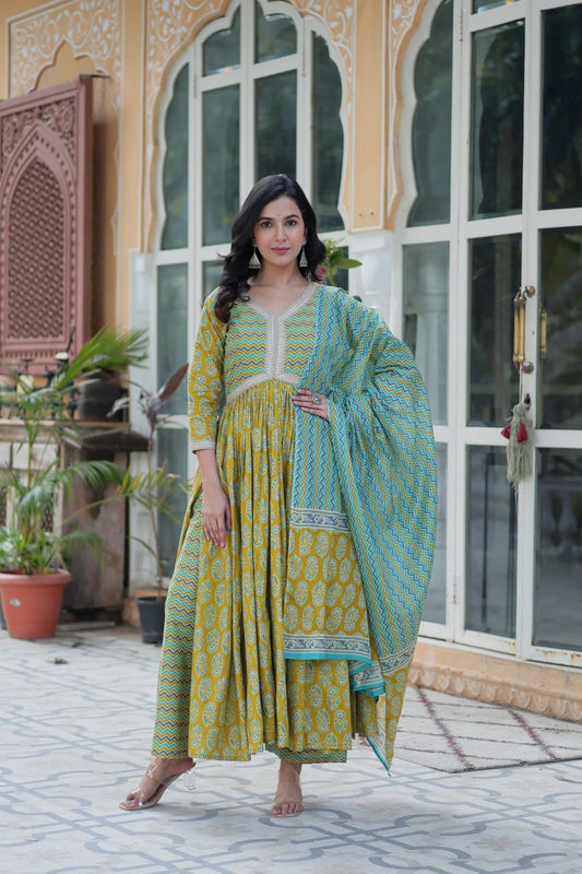 Pure Cotton Green Kurta Set with Fancy V Neck and Adjustable Waist Bottom