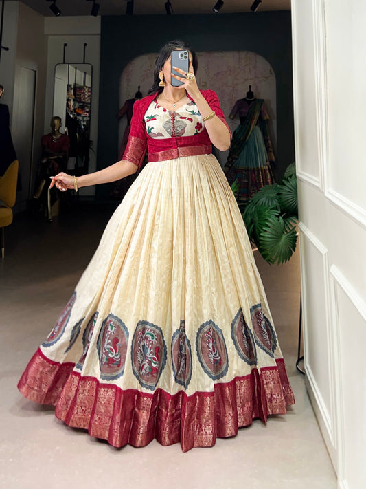 Elegant Dola Silk Kalamkari Print Red Gown with Zari Weaving Koti | Ethnic Wear for Women