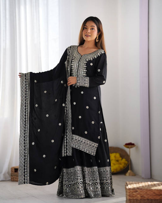 Pure Chinnon Silk Embroidered Sharara Set with Dupatta – Fully Stitched Party Wear
