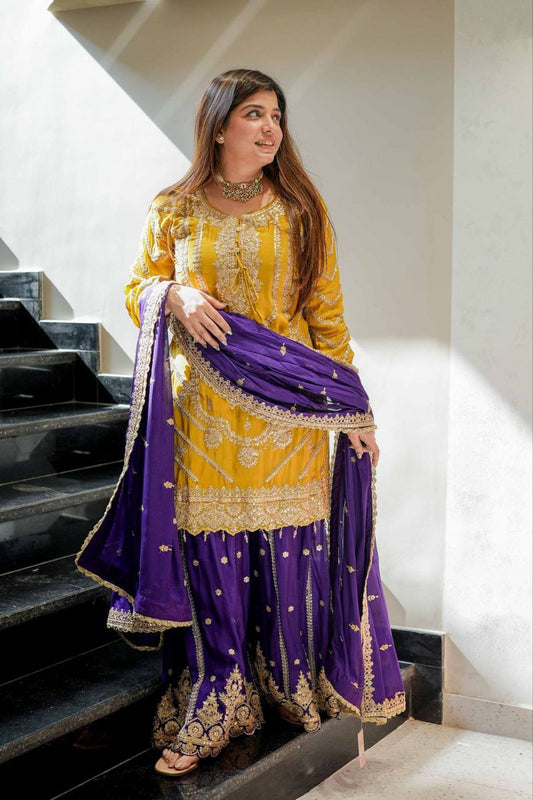 Heavy Yellow Chinon Silk Sharara Suit with Embroidery and Printed Dupatta