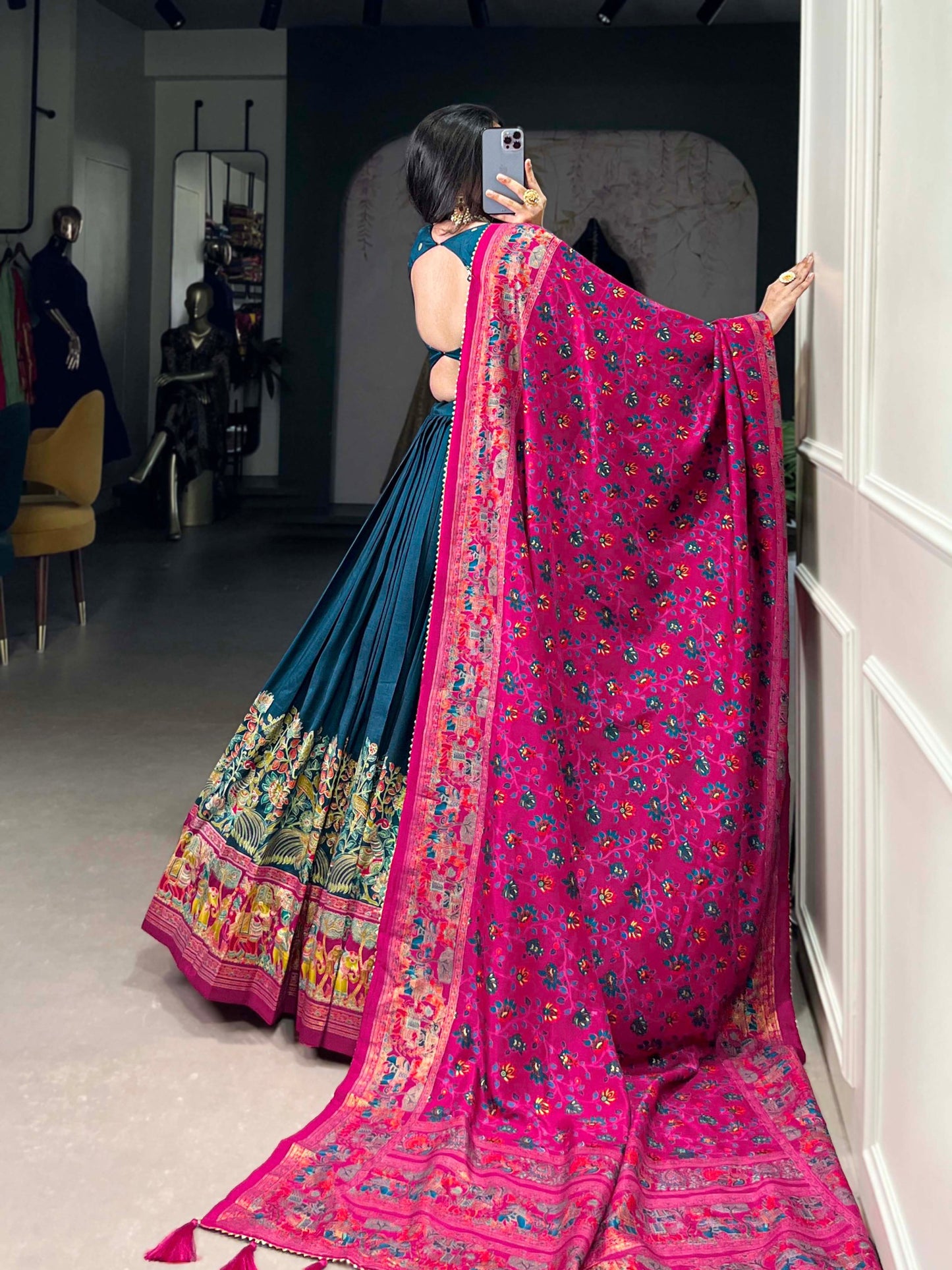 Peacock Blue Tussar Silk Lehenga Set with Printed Foil Work and Gotta Patti Dupatta
