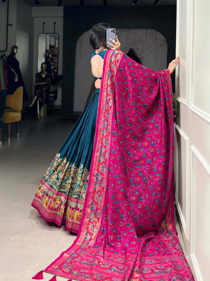 Peacock Blue Tussar Silk Lehenga Set with Printed Foil Work and Gotta Patti Dupatta