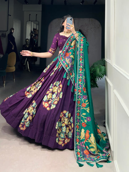 Purple Tussar Silk Printed Lehenga Set with Foil Work and Gotta Patti Dupatta