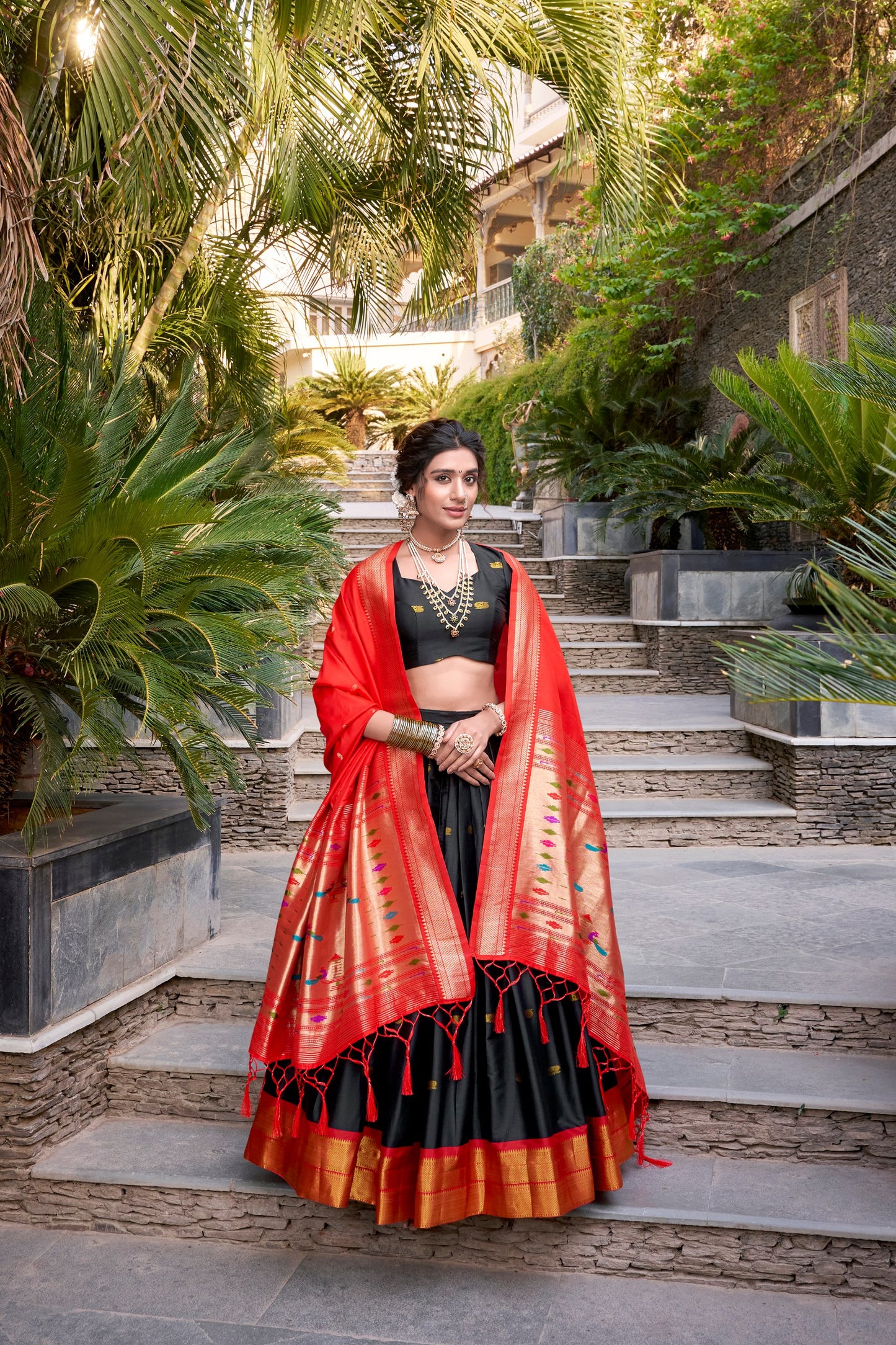 Black Jacquard Silk Paithani Lehenga Set with Zari Weaving and Tassel Dupatta