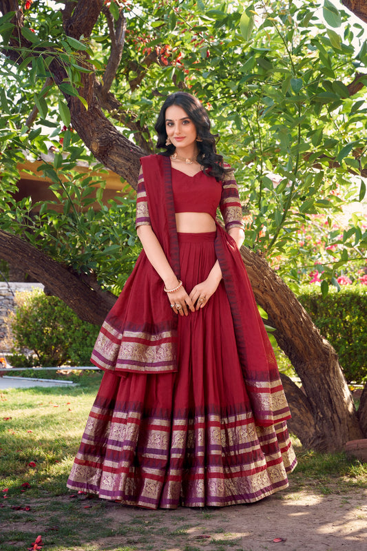 Pure Chanderi Red Lehenga with Zari Weaving Work Border & Dupatta