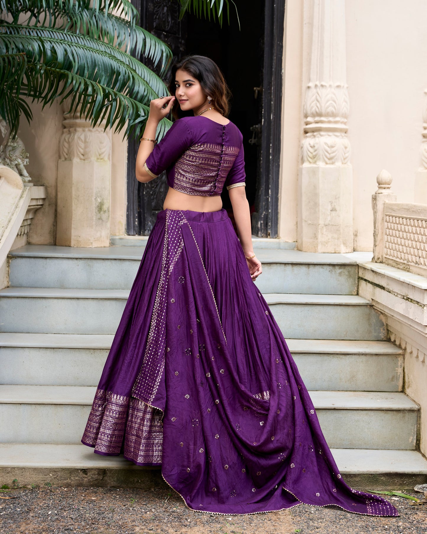 Grace and Beauty Pure Chanderi Sequin Embellished Purple Lehenga