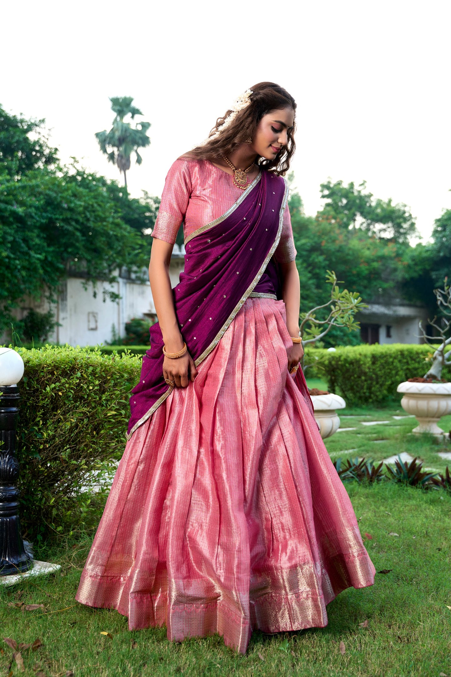 Pink Zari Weaving Work Kanchipuram Lehenga