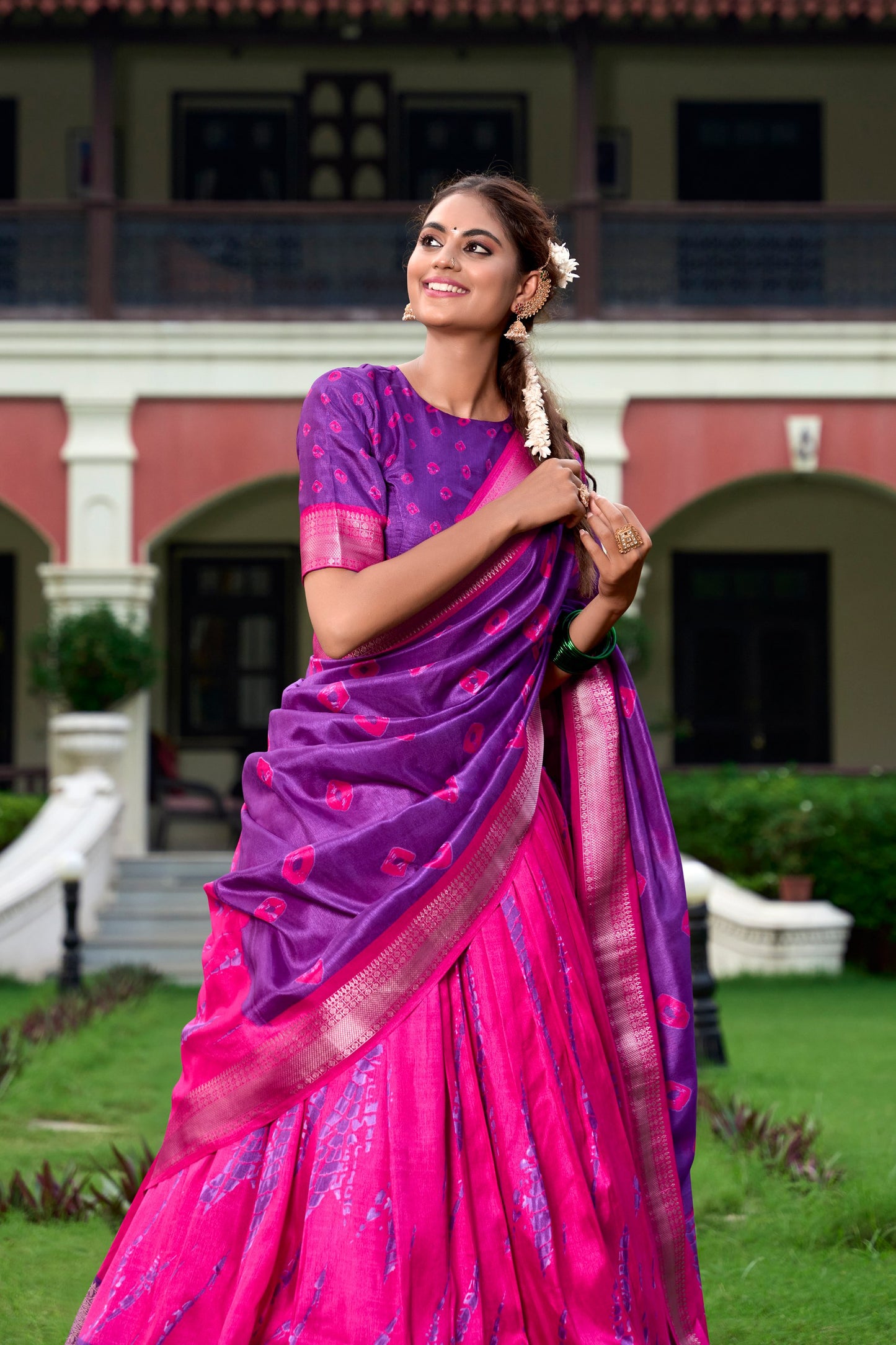 Rani Pink Color Dola Silk Shibori Print Zari Weaving Lehenga Choli