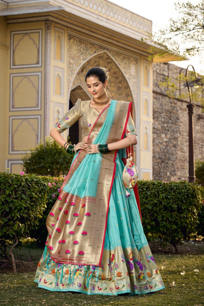 Sky Blue Zari Woven Jacquard Silk Lehenga Set With Purse