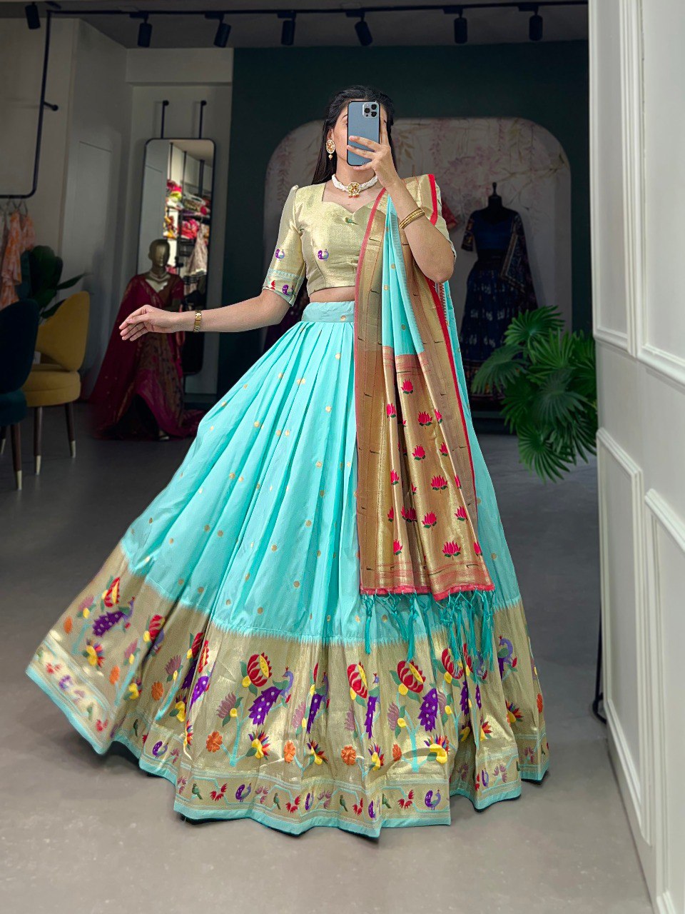 Sky Blue Color Zari Weaving Work Paithani Special Jacquard Silk Lehenga Choli Set