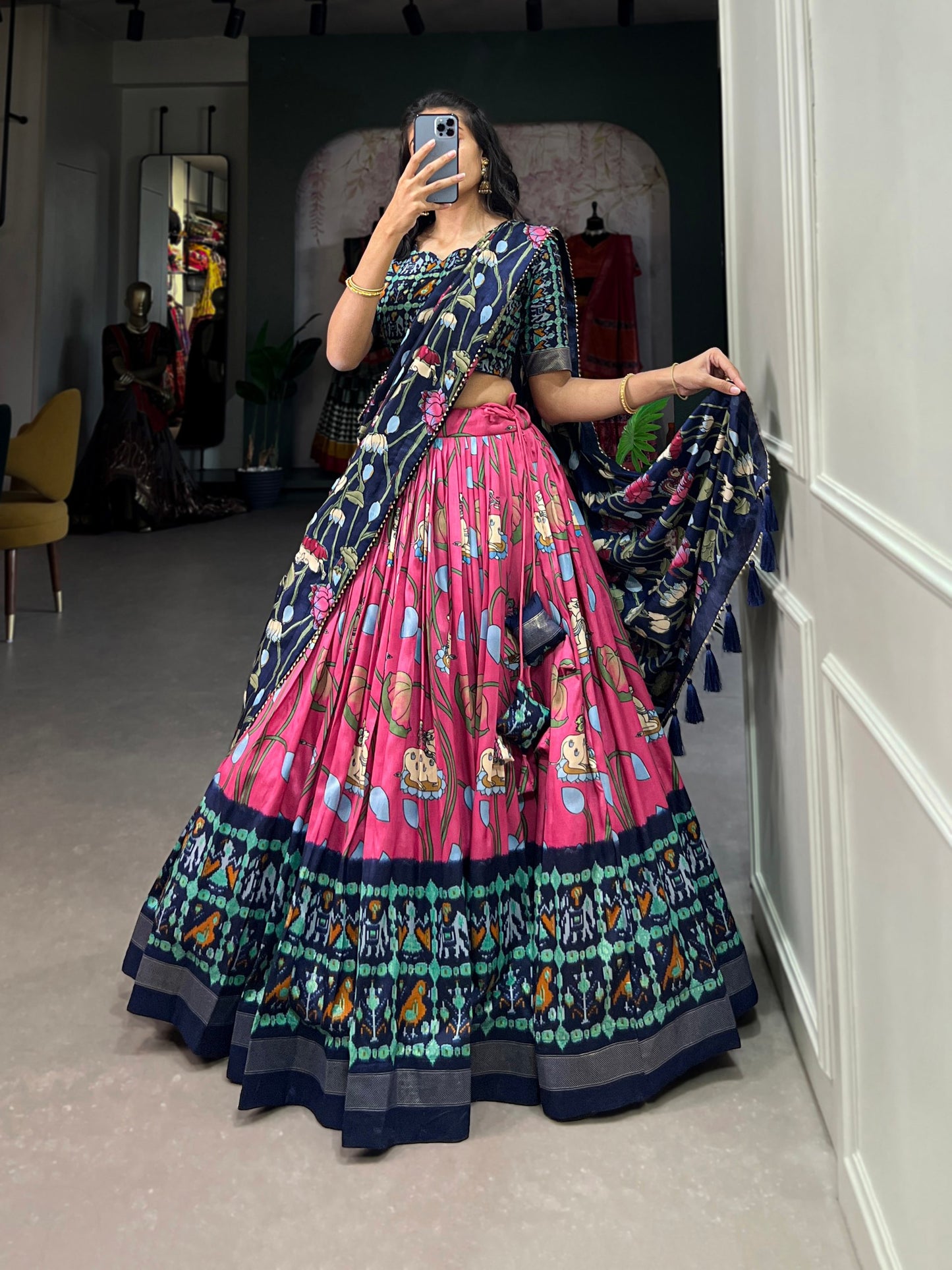 Tussar Silk Patola Print Pink Lehenga Choli