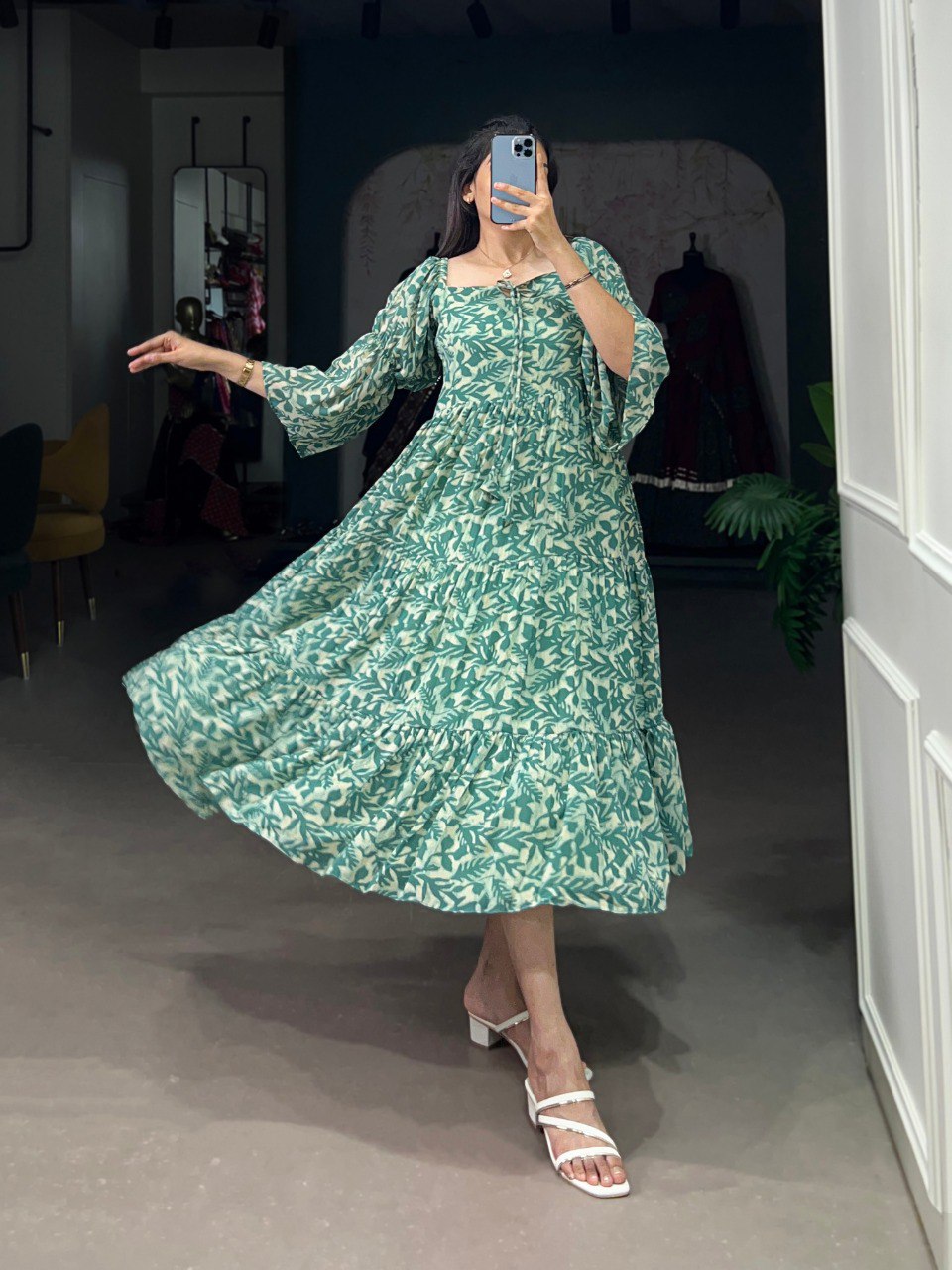 Leaf Print Tiered Boho Green Midi Dress with Bell Sleeves