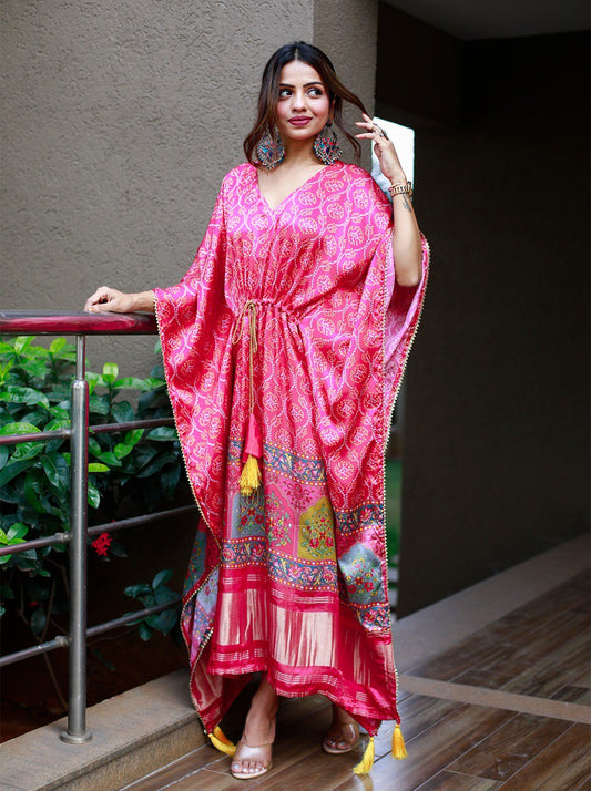 Pink Color Digital Bandhni Printed Pure Gaji Silk Kaftan Kurti