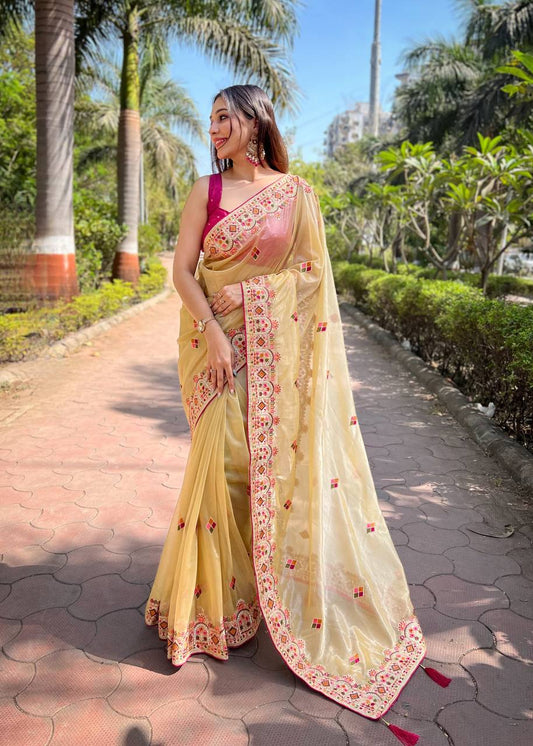 Yellow Twill Net Designer Embroidery Work With Embellished Diamond Work Saree