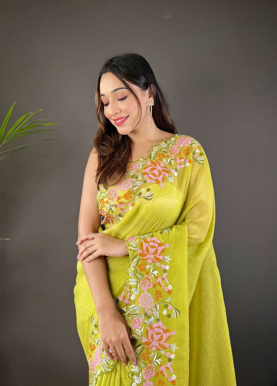 Designer Cross Stitch Floral Embroidery Cut Work Border Parrot Green Glossy Silk Saree With Blouse