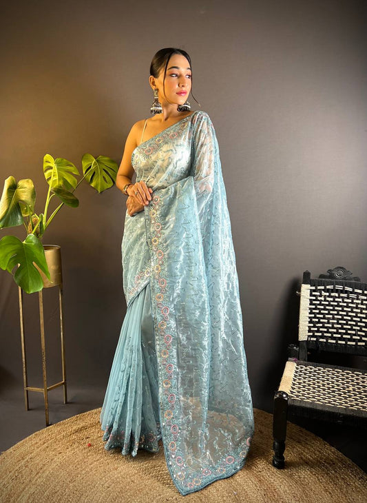 Grey Tissue Silk Embellished Saree With Unstitched Blouse