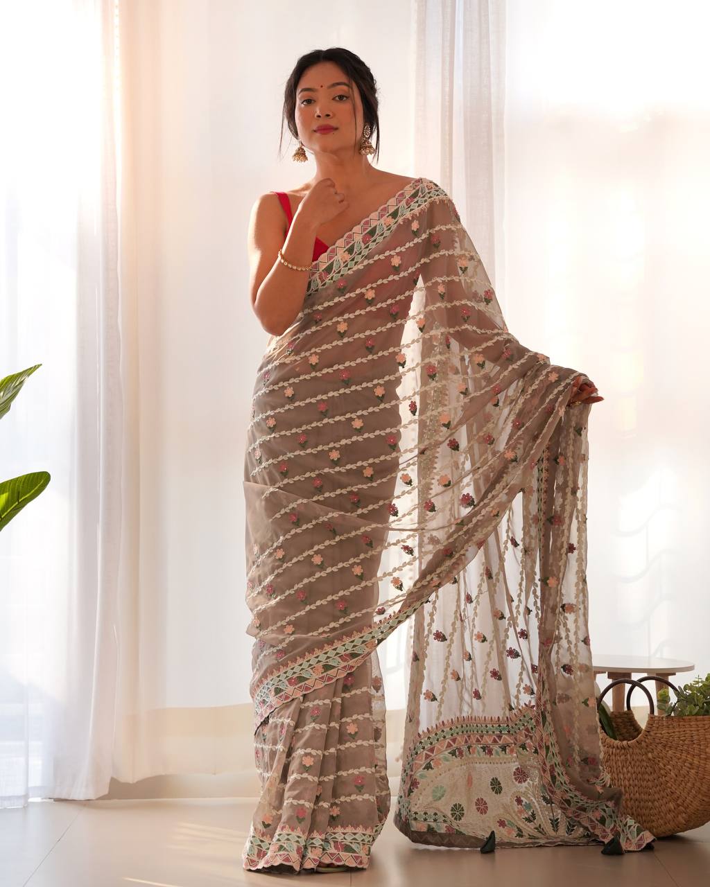 Grey Emroidery Worked Organza Silk Saree