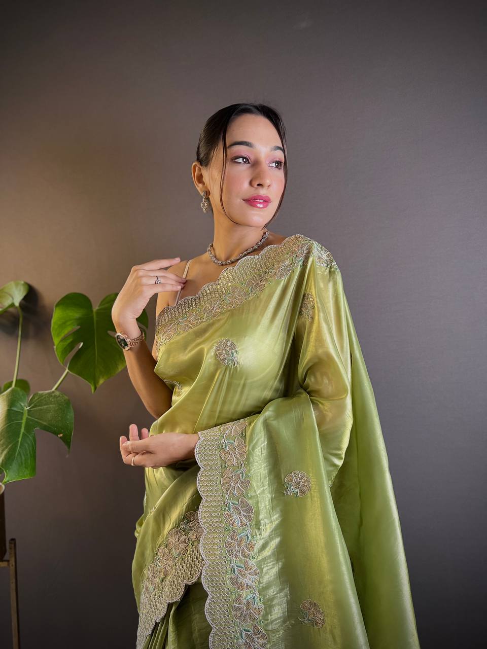 Iguana Green Embroidered Work Soft Silk Saree