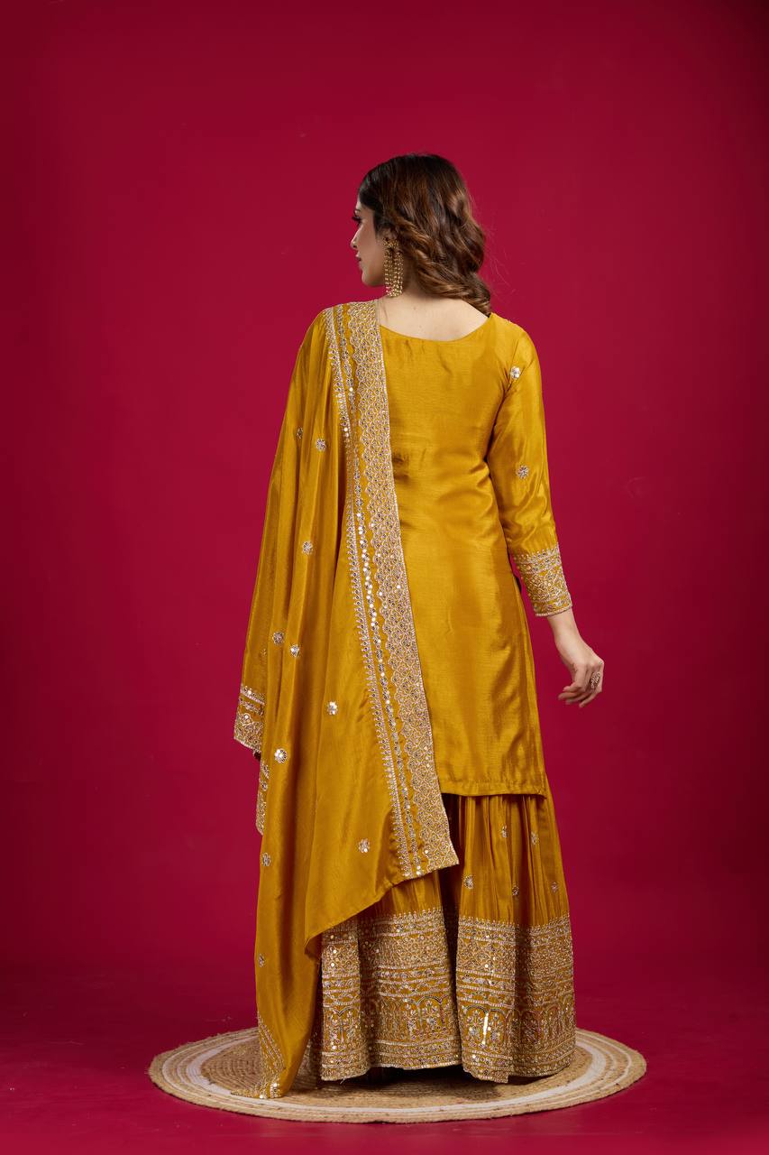 Yellow Chinnon Silk With Heavy Embroidery Sequence Work Top-Plazo And Dupatta Set