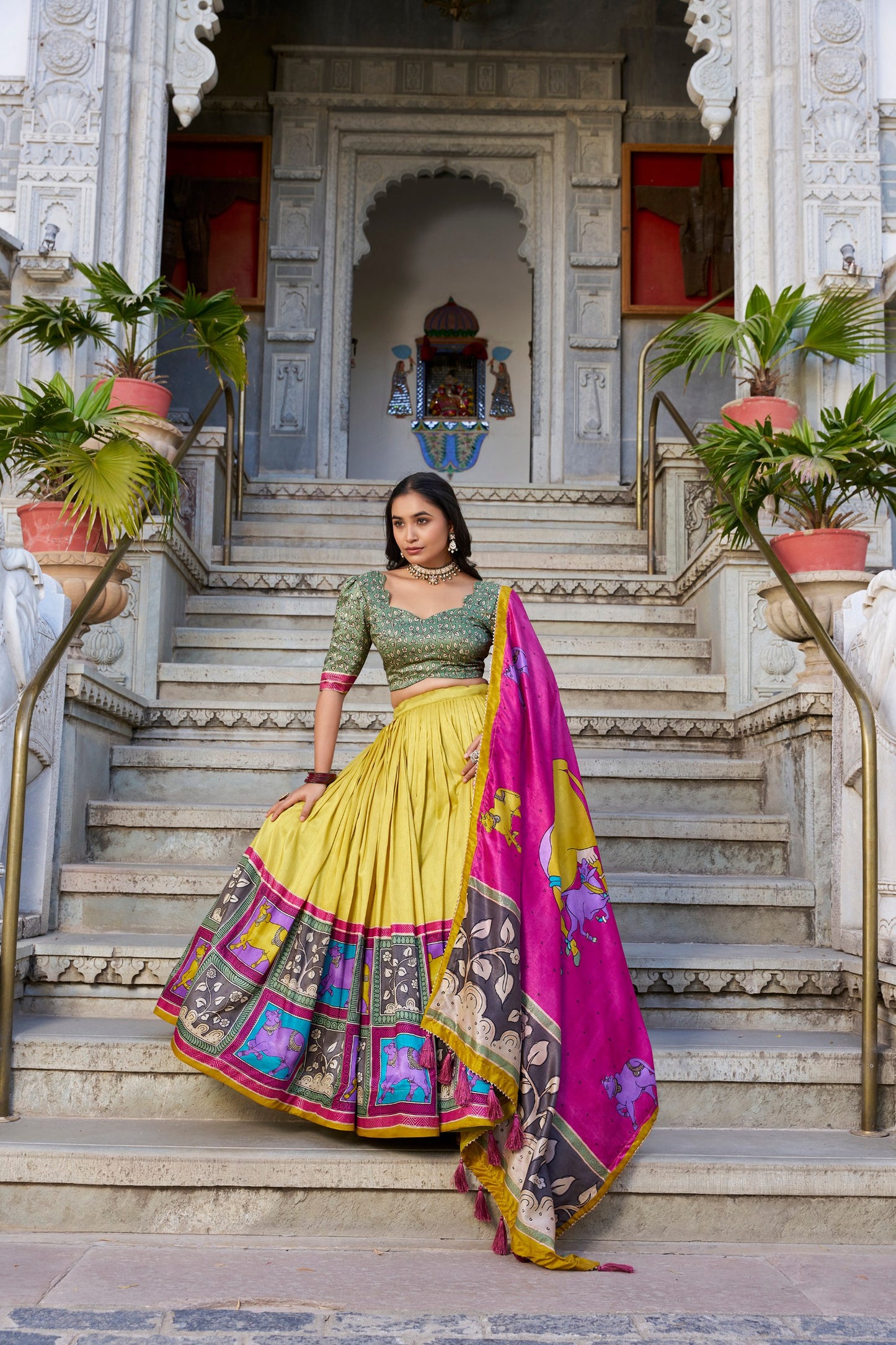 Mustard Yellow Color Tussar Silk Kalamkari Printed Lehenga Choli