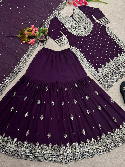 Heavy Faux Georgette Embroidered Purple Gharara Set with Dupatta – Fully Stitched Ethnic Partywear for Women