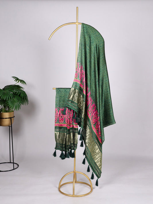Pure Gaji Silk Digital Print Green Dupatta with Tassels