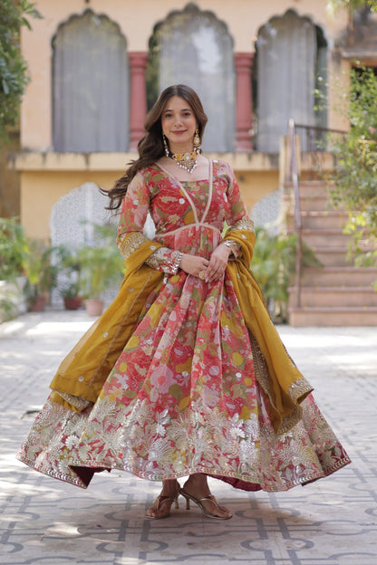 Digital Printed Russian Silk Top with Foil Embroidery Zari Sequins Work and Designer Lace Border Dupatta