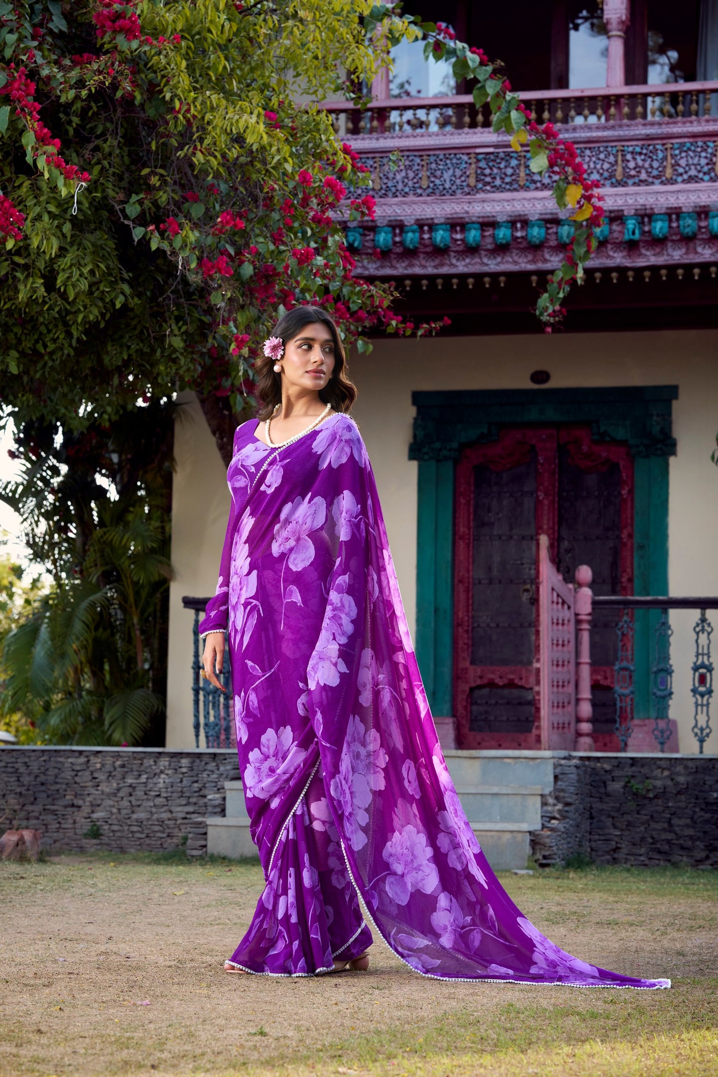 Elegant Floral Printed Purple Chiffon Saree with Pearl Lace Border and Matching Blouse